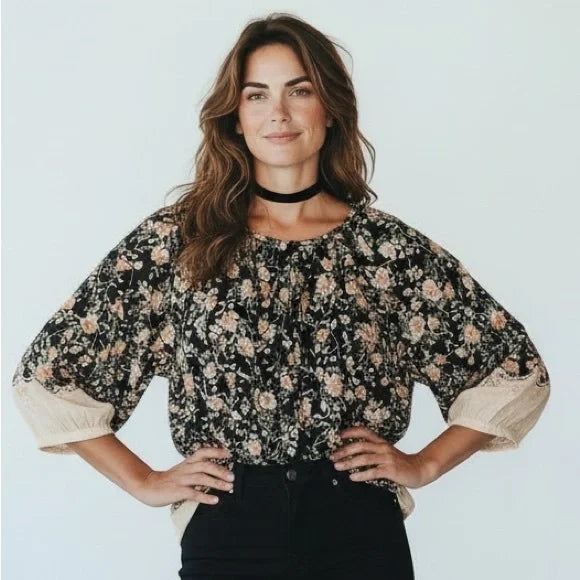LC Lauren Conrad Floral Blouse - Black and Cream