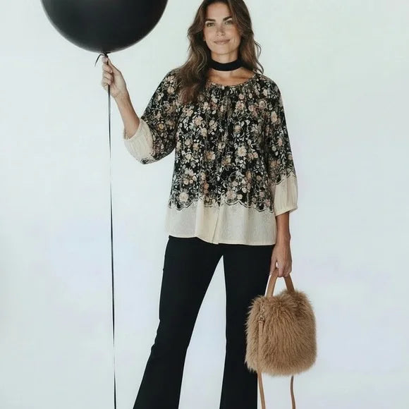LC Lauren Conrad Floral Blouse - Black and Cream