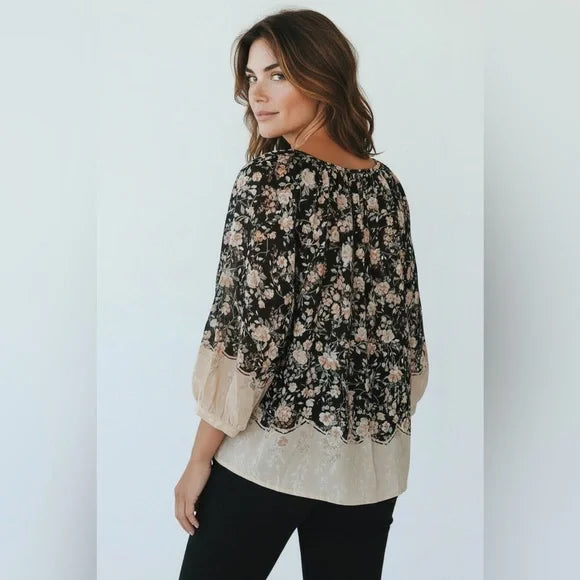 LC Lauren Conrad Floral Blouse - Black and Cream