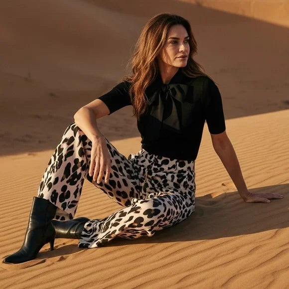 Fashion Nova Black and Cream Leopard Wide-Leg Pants