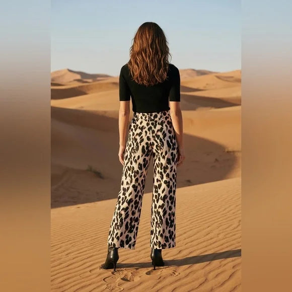 Fashion Nova Black and Cream Leopard Wide-Leg Pants