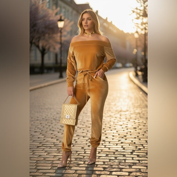 Elegant Velvet Gold Off-Shoulder Jumpsuit