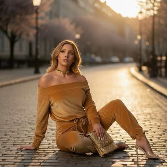 Elegant Velvet Gold Off-Shoulder Jumpsuit