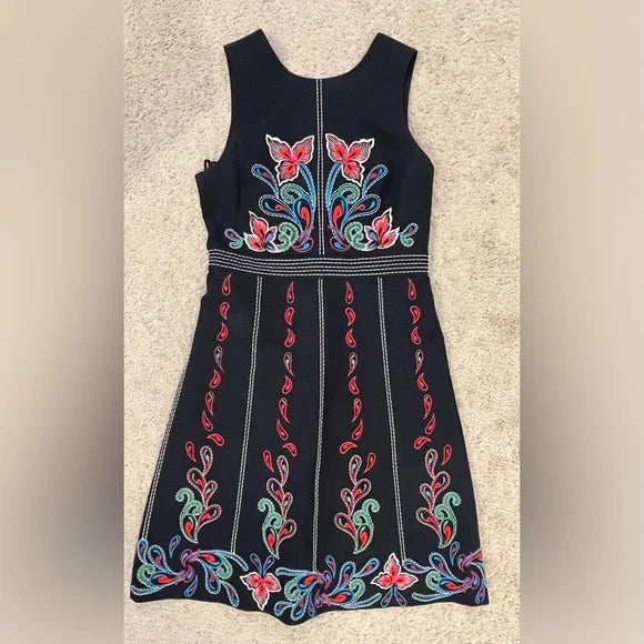 Maeve Black Dress with Colorful Floral Embroidery