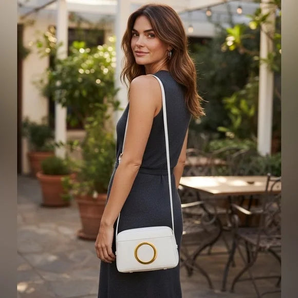 Vince Camuto White Crossbody Bag with Beautiful Gold Ring Detail