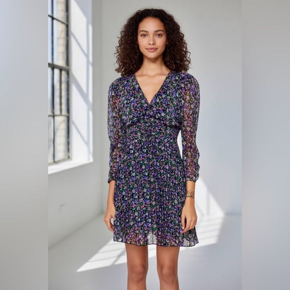 Multicolored Ruched V-Neck Long Sleeve Dress