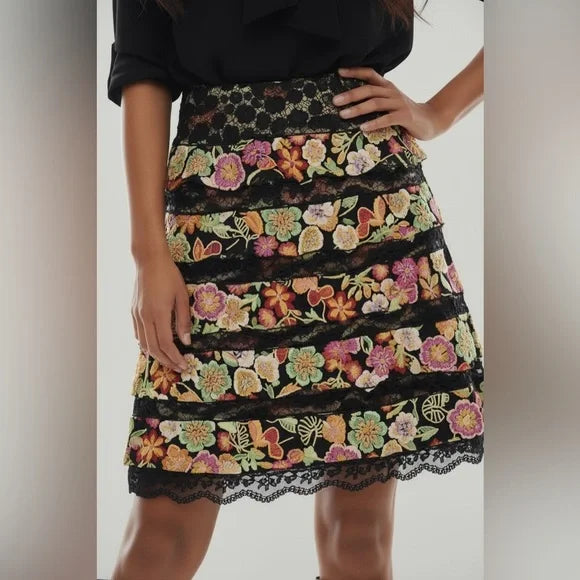 Muse Black Lace A-Line Skirt with Multicolor Floral Embroidery
