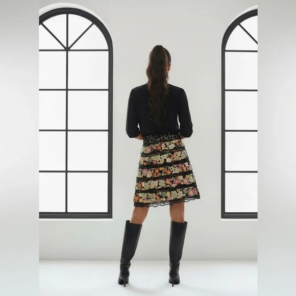 Muse Black Lace A-Line Skirt with Multicolor Floral Embroidery
