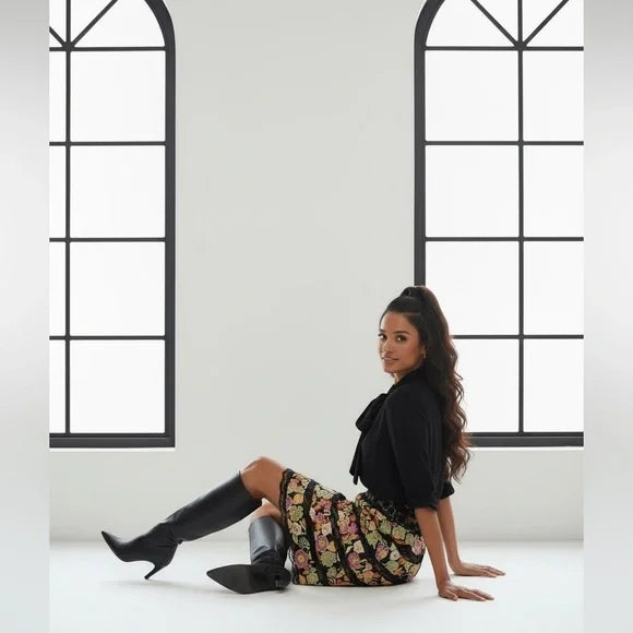 Muse Black Lace A-Line Skirt with Multicolor Floral Embroidery