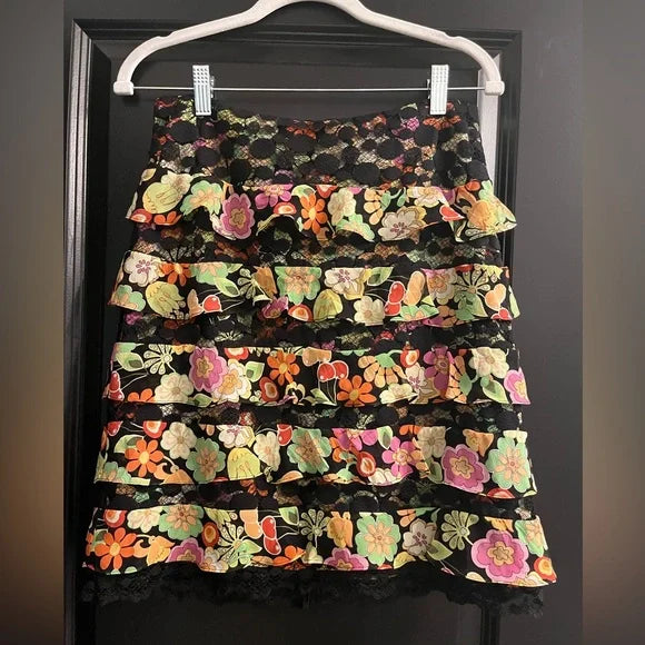 Muse Black Lace A-Line Skirt with Multicolor Floral Embroidery