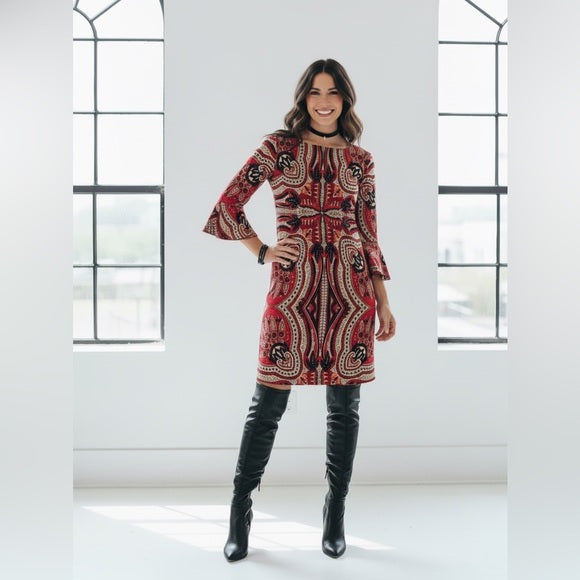 New York & Company Red Paisley Shift Dress with Bell Sleeves