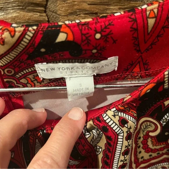 New York & Company Red Paisley Shift Dress with Bell Sleeves