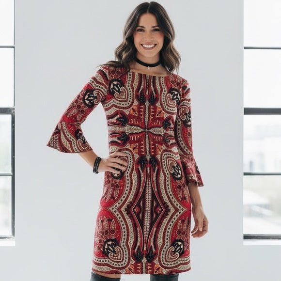 New York & Company Red Paisley Shift Dress with Bell Sleeves