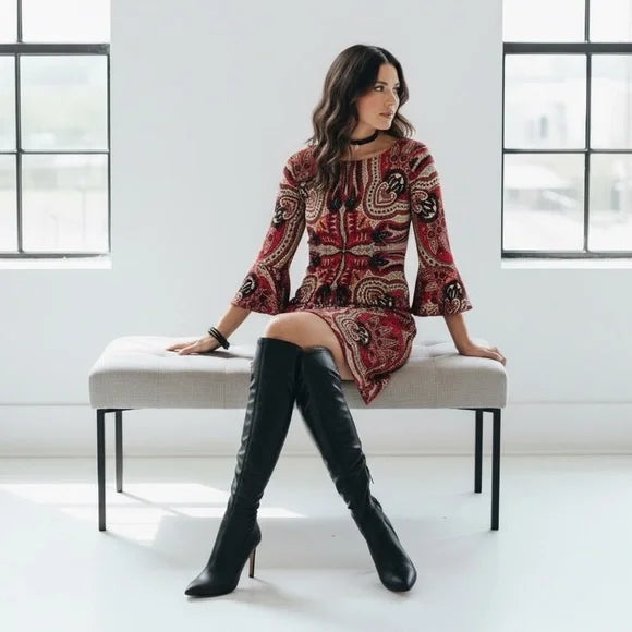 New York & Company Red Paisley Shift Dress with Bell Sleeves