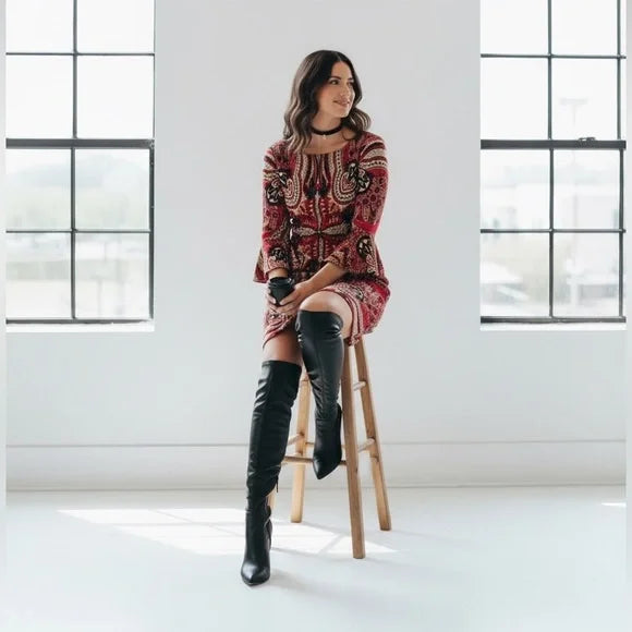 New York & Company Red Paisley Shift Dress with Bell Sleeves