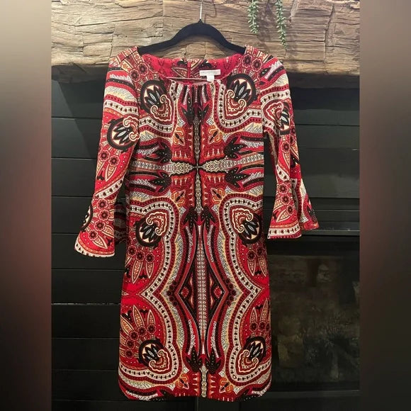 New York & Company Red Paisley Shift Dress with Bell Sleeves