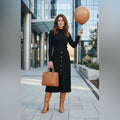 Nina Leonard Black Ribbed Button-Front Midi Dress