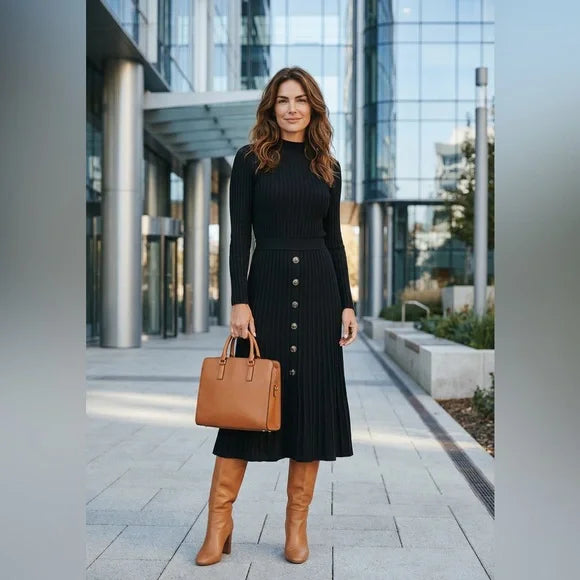 Nina Leonard Black Ribbed Button-Front Midi Dress