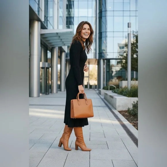 Nina Leonard Black Ribbed Button-Front Midi Dress