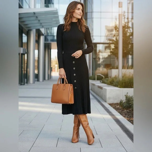 Nina Leonard Black Ribbed Button-Front Midi Dress