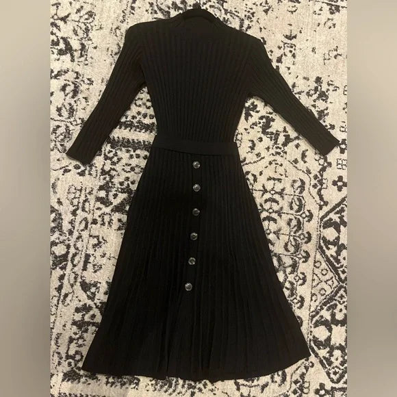 Nina Leonard Black Ribbed Button-Front Midi Dress