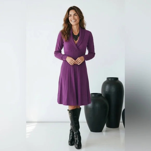 Nine West Purple Shawl-Collar Long-Sleeve Fit & Flare Dress
