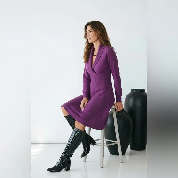 Nine West Purple Shawl-Collar Long-Sleeve Fit & Flare Dress