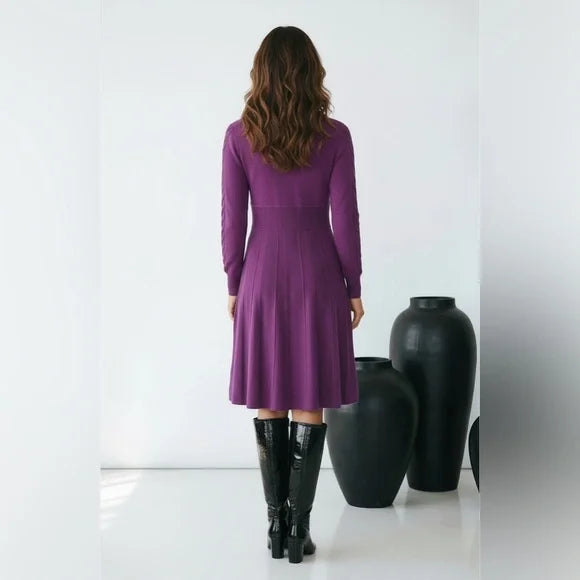 Nine West Purple Shawl-Collar Long-Sleeve Fit & Flare Dress