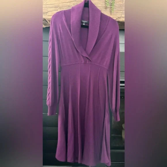Nine West Purple Shawl-Collar Long-Sleeve Fit & Flare Dress