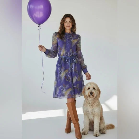 Vintage Long Sleeve Purple Patterned Dress