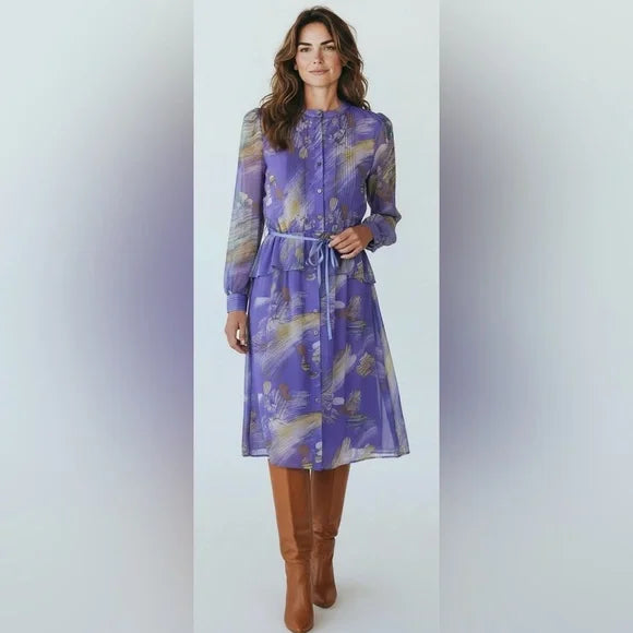 Vintage Long Sleeve Purple Patterned Dress