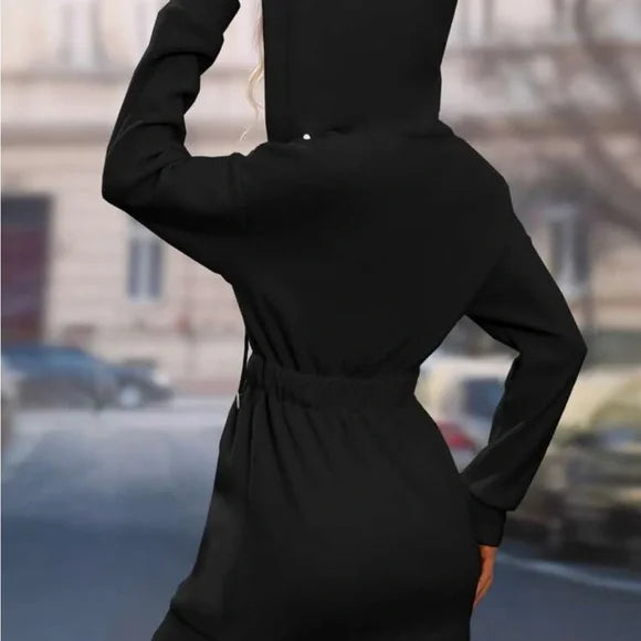 Chic Black Hoodie Dress with Pearl Dots