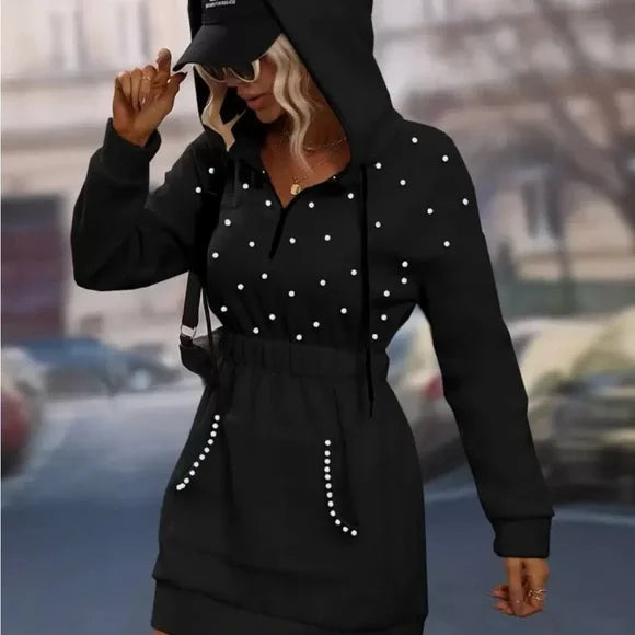 Chic Black Hoodie Dress with Pearl Dots
