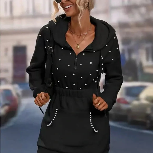 Chic Black Hoodie Dress with Pearl Dots