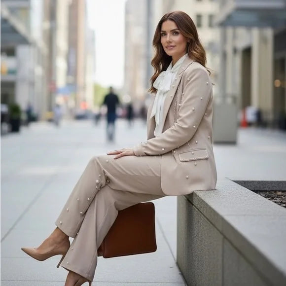 Chicways Pearl-Accent Wide-Leg Pant Suit