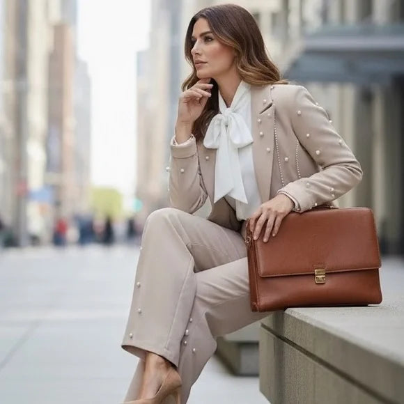 Chicways Pearl-Accent Wide-Leg Pant Suit