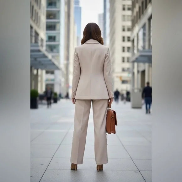 Chicways Pearl-Accent Wide-Leg Pant Suit