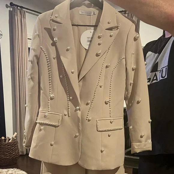 Chicways Pearl-Accent Wide-Leg Pant Suit