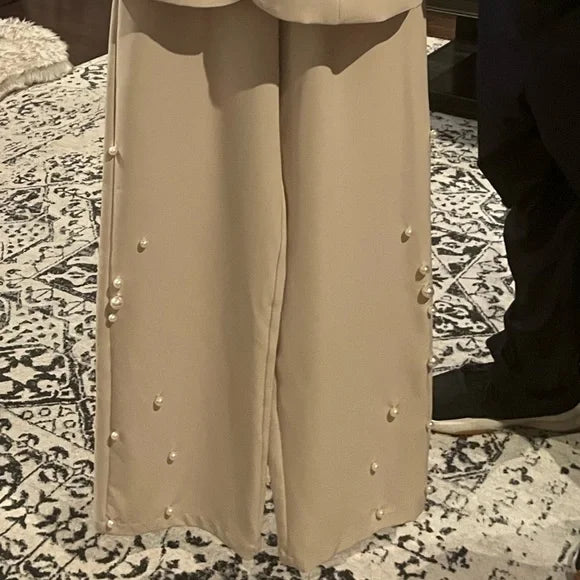 Chicways Pearl-Accent Wide-Leg Pant Suit
