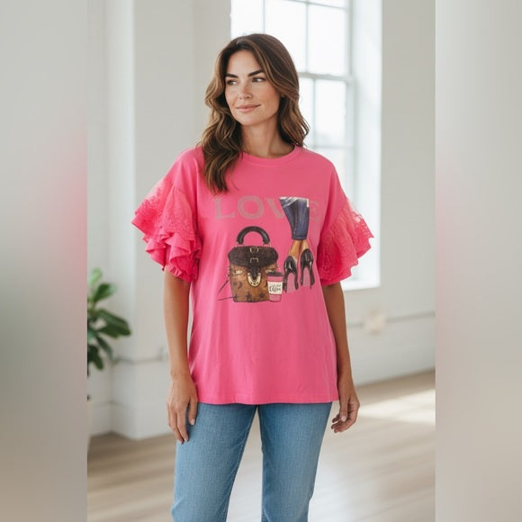 Pink Short Sleeve Tee with Ruffle Details