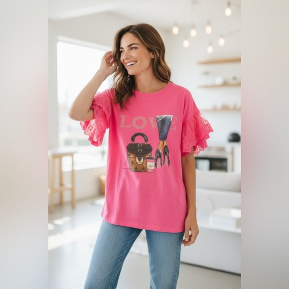 Pink Short Sleeve Tee with Ruffle Details