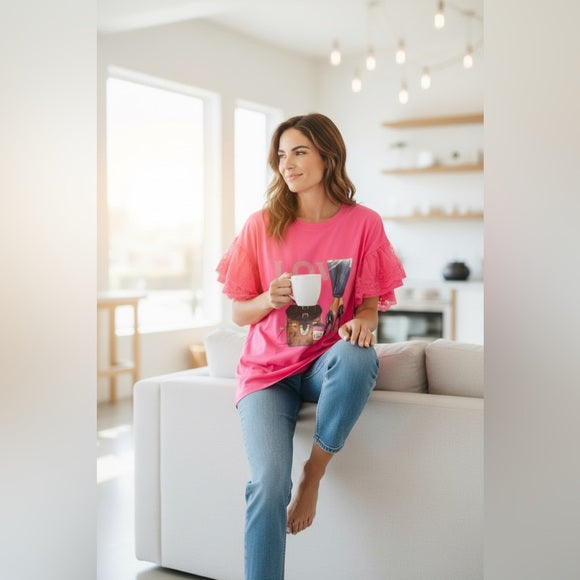 Pink Short Sleeve Tee with Ruffle Details