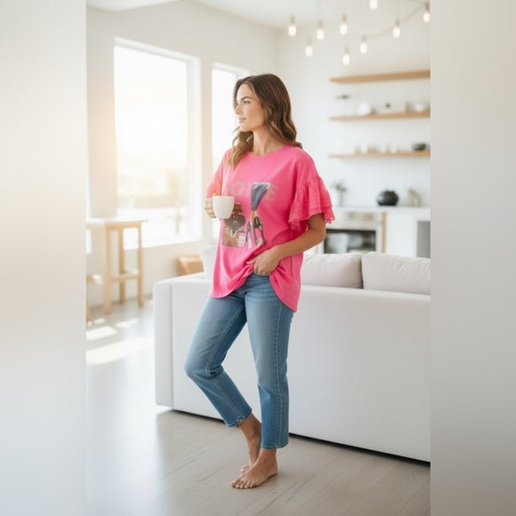 Pink Short Sleeve Tee with Ruffle Details