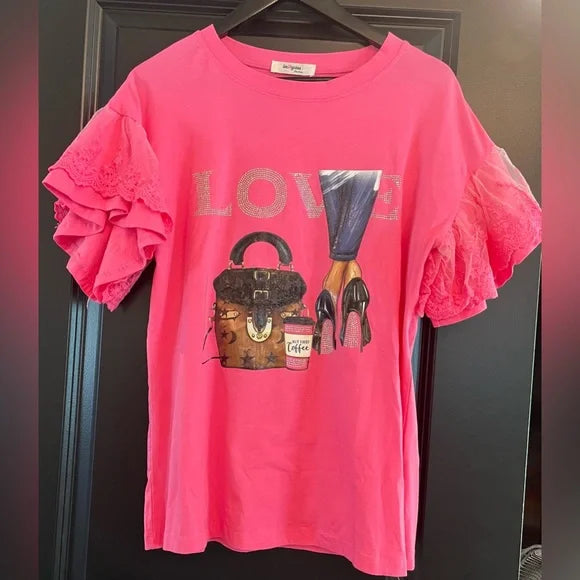 Pink Short Sleeve Tee with Ruffle Details