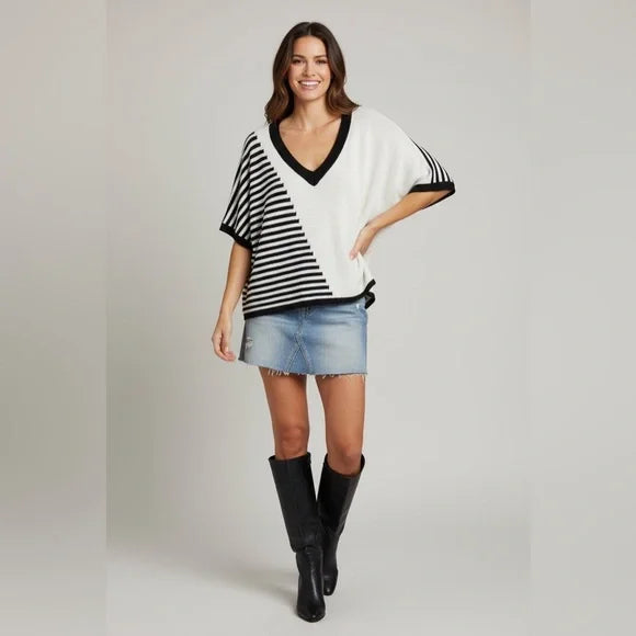 POL Black and White Striped V-Neck Top