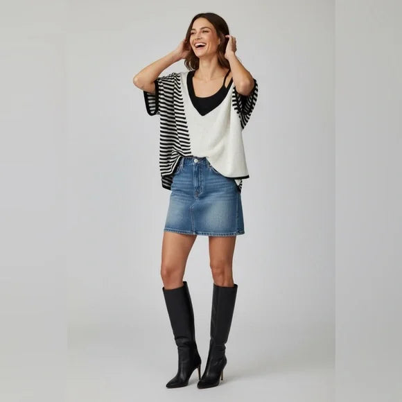 POL Black and White Striped V-Neck Top