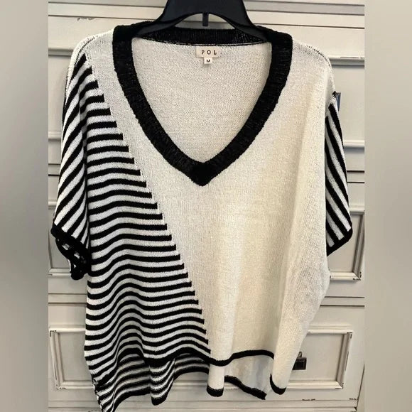 POL Black and White Striped V-Neck Top