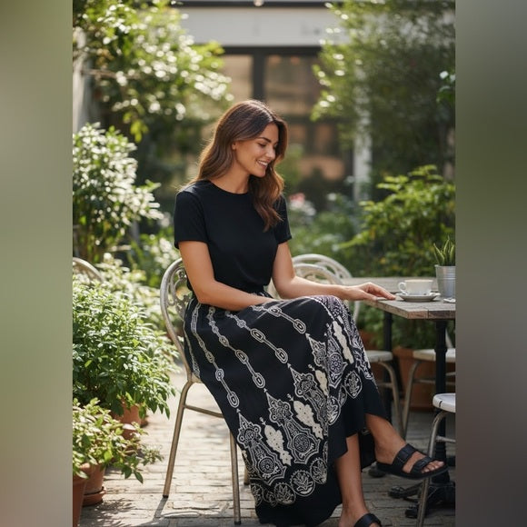 Chic Black and White Patterned A-Line Skirt