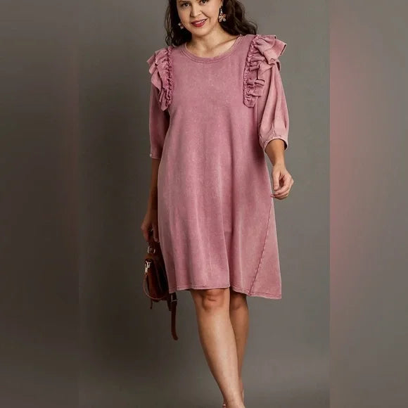 Chic Mauve Long Sleeve Dress with Ruffle Accents