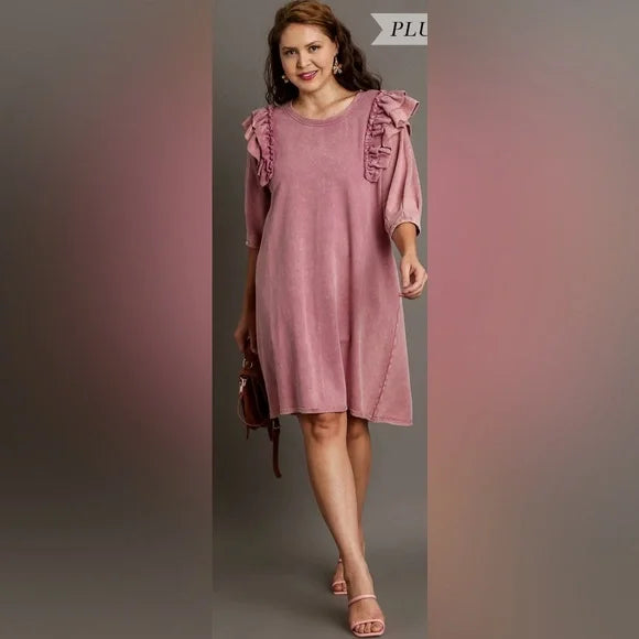 Chic Mauve Long Sleeve Dress with Ruffle Accents